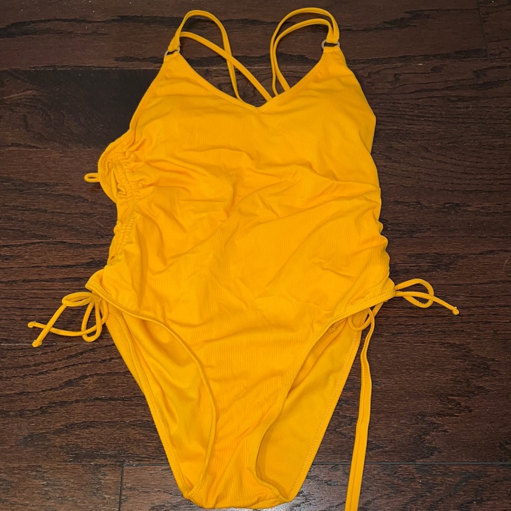 Yellow Lace Up Sides One Piece Bathing Suit